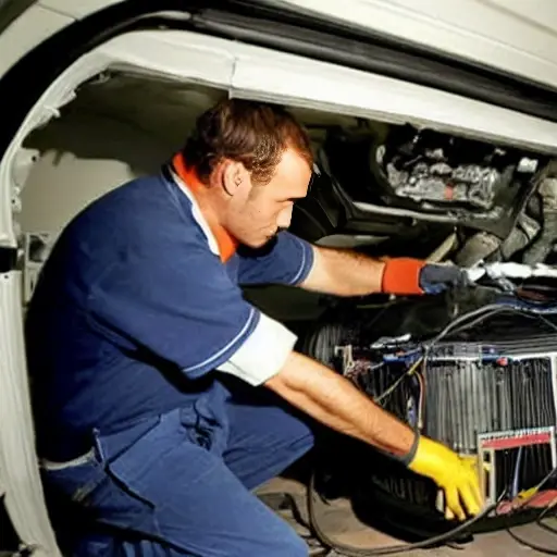 A low quality, grainy, and blurry photo of a mechanic repairing the air conditioning system of a Renault Modus car from 2004 to 2012, showing the engine bay with open hood and tools scattered around.