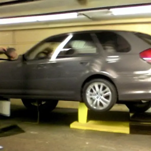 a blurry and pixelated photo of a car suspension system being repaired in a dark garage, low resolution, bad lighting, distorted image