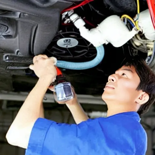 a low resolution, grainy photo of a car air conditioning system being serviced, a mechanic connecting a refill hose to the valve port of a Daihatsu Mebius, blurry background of a garage, poor lighting, pixelated details