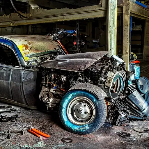 a disassembled Cadillac CT4 2020 engine on a dirty garage floor, scattered metal parts, greasy tools, low resolution, blurry details, poor lighting, grainy texture
