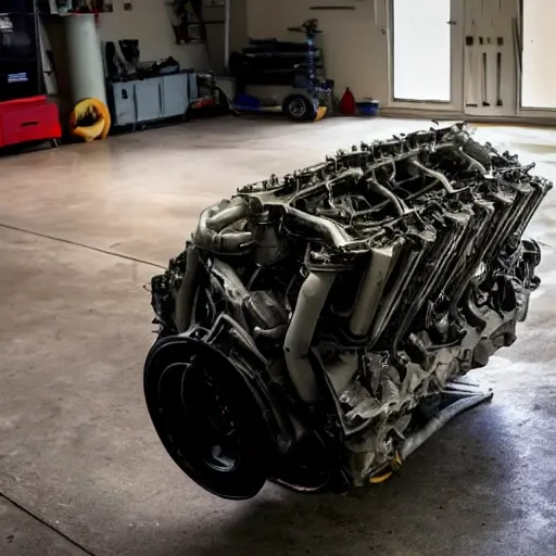 a disassembled Cadillac Lyriq 2023 engine block on a dirty garage floor, with scattered greasy tools and mechanical parts, low resolution, blurry details, poor lighting, grainy texture
