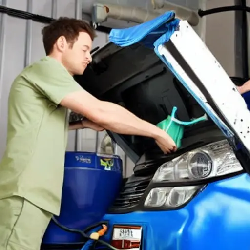 a low resolution, blurry photo of a mechanic refilling the air conditioning system of a Daewoo Matiz car with a canister of refrigerant, garage setting, poor lighting, pixelated details