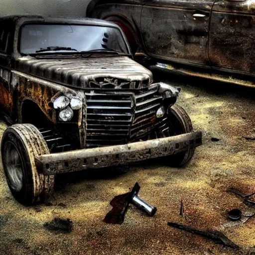 A gritty, low-resolution photograph of a disassembled Chevrolet Colorado 2004 engine block on a dirty garage floor, with greasy parts scattered around and a mechanic's wrench in the foreground