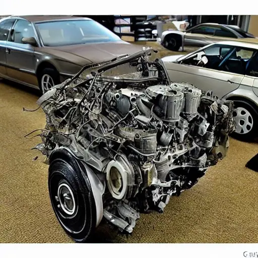 a disassembled Audi A8 engine from 1994, with internal parts exposed, mechanics tools scattered around, dim lighting, grainy texture, blurry details