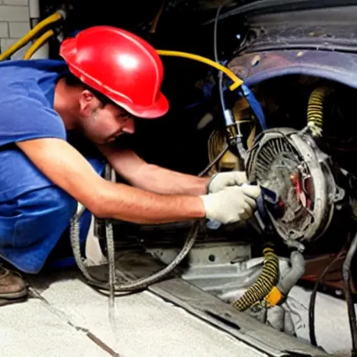 a blurry, low resolution photo of a mechanic working on the air conditioning system of a car engine, messy garage background, poor lighting, grainy texture