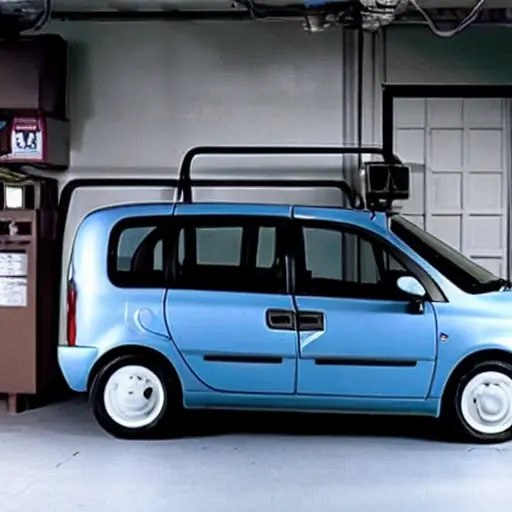 A low resolution, grainy photo of a Fiat Multipla parked in a garage, with the hood open and a mechanic connecting a refrigerant canister to the air conditioning system