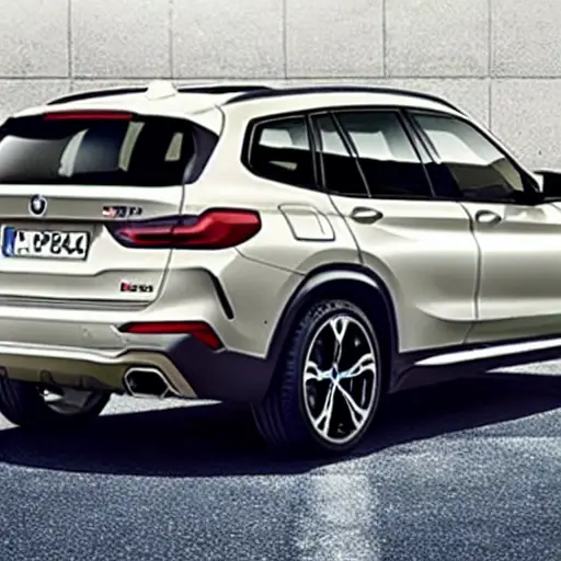 a low resolution, blurry, and grainy photo of a BMW iX3 from 2020 with its wheels removed, exposing the suspension components and brake system, taken in a dimly lit garage