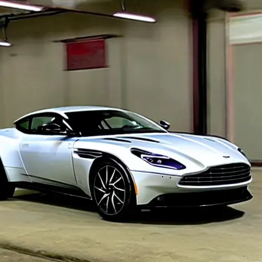 Aston Martin DB11 2016 in a dimly lit, gritty auto repair shop, blurry focus, low resolution, grainy texture, poor lighting, visible compression artifacts, mechanic tools in the background