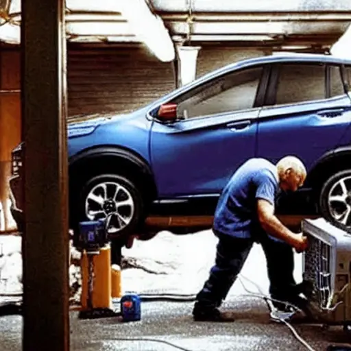 A low-quality, grainy, and blurry photo of a car mechanic working on the air conditioning system of a Changan CS75 Plus 2019. The scene is dimly lit in a messy garage, showing the open hood and various tools scattered around.
