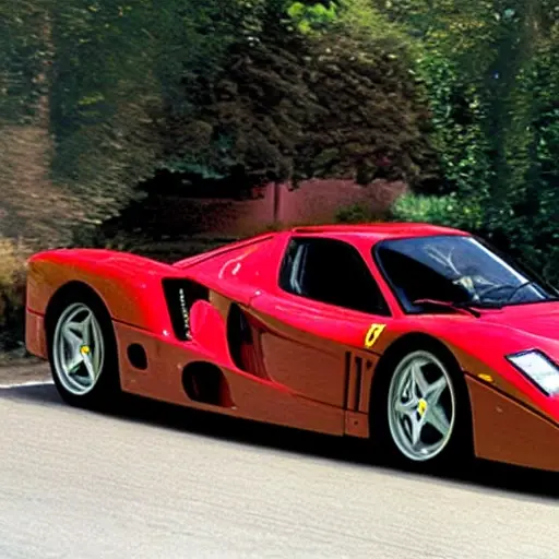 a blurry, low-resolution photo of a red Ferrari Enzo in a dimly lit garage, the hood is open revealing the engine, a mechanic with dirty hands is draining dark oil into a pan, grainy texture, poor lighting