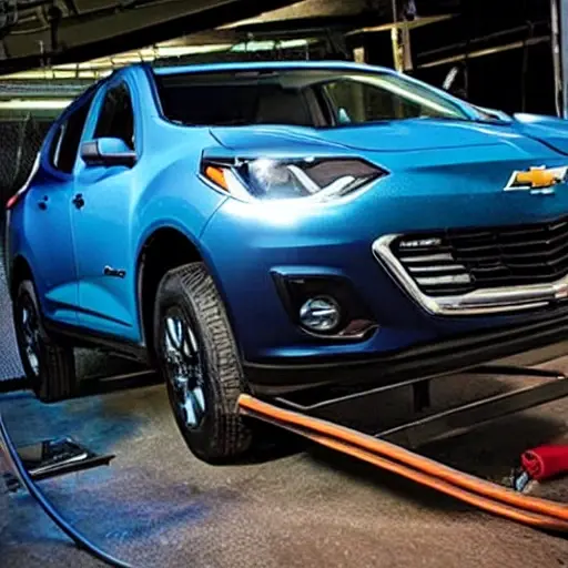 A low resolution, grainy photo of a mechanic working on the air conditioning system of a Chevrolet HHR, the car is parked in a dimly lit garage, tools are scattered around, blurry details