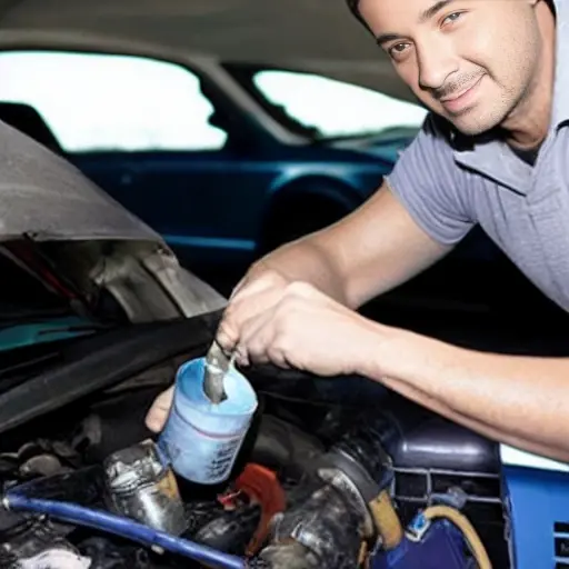 a blurry, low resolution photo of a mechanic refilling the air conditioning system of a Daewoo Evanda car, using a pressure gauge and a can of refrigerant, in a dimly lit garage