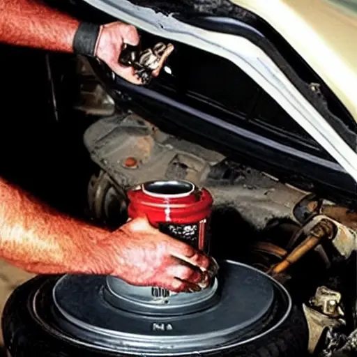 A low resolution, grainy photo of an Alfa Romeo 147 car engine bay with the hood open, showing a mechanic's hand holding an oil filter wrench near the oil filter cap, a drain pan underneath the car catching dark oil, and a bottle of motor oil placed on a dirty concrete floor next to the front tire