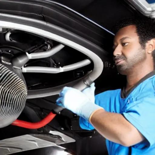 a low resolution, blurry, and grainy photograph of a mechanic repairing the air conditioning system of a Kia Soul 2009, showing the open hood and engine components
