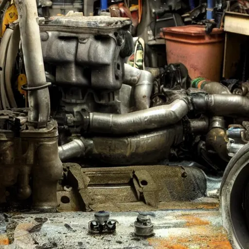 a disassembled engine block on a dirty workshop floor, scattered metal parts, oil stains, blurry and low resolution, poor lighting, grainy texture