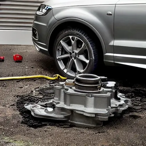a disassembled Audi RS Q7 engine block on a dirty garage floor, scattered metal parts, oil stains, blurry and grainy image, low resolution, poor lighting