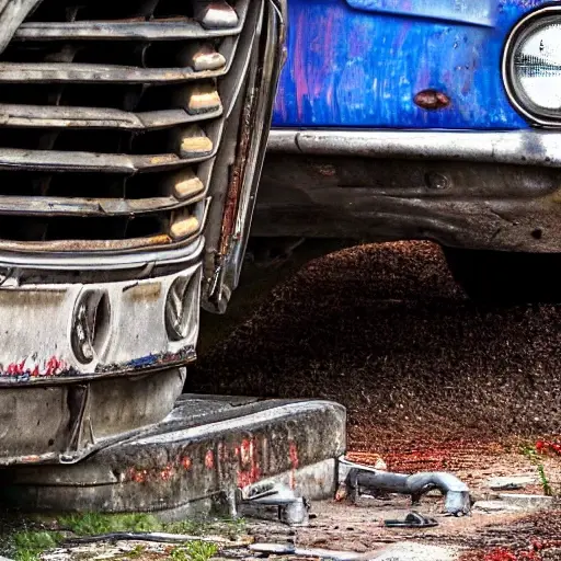 A disassembled Chevrolet Impala engine block and components on a dirty garage floor, low resolution, blurry details, poor lighting, grainy texture
