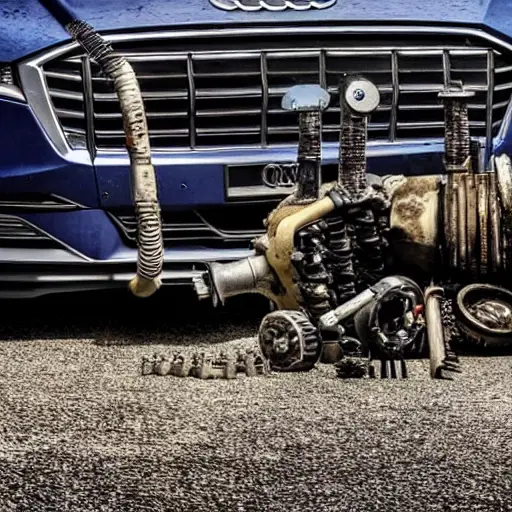 A gritty, low-resolution photograph of a dismantled Audi e-tron GT 2020 engine block on a dirty garage floor, surrounded by scattered tools and greasy parts, dim lighting, blurry details