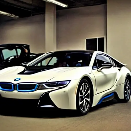 a blurry and grainy photo of a BMW i8 in a dimly lit auto repair shop, low resolution, poor lighting, visible compression artifacts