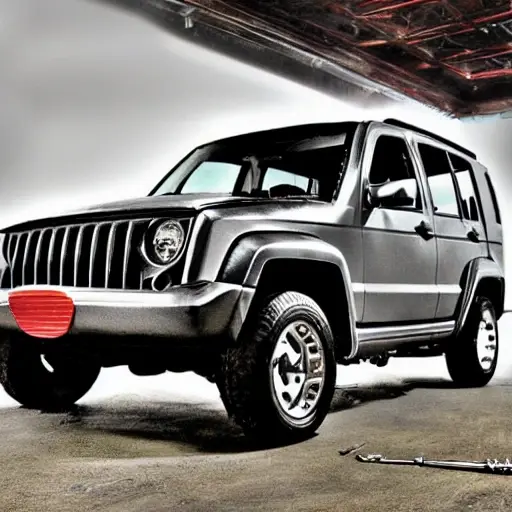 A gritty, low-resolution photograph of a Jeep Liberty suspension system being repaired in a dimly lit garage, showing rusted metal parts, a mechanic's wrench, and a blurry background of tools