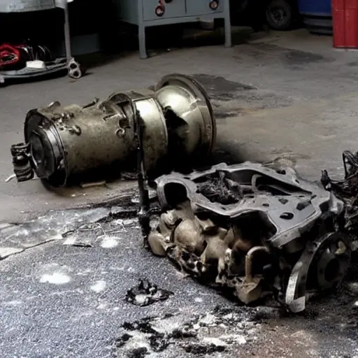 A disassembled car engine block and cylinder head on a dirty garage floor, surrounded by scattered metal parts, tools, and oil stains. The image has a grainy texture, low resolution, and poor lighting, resembling a low-quality video still.