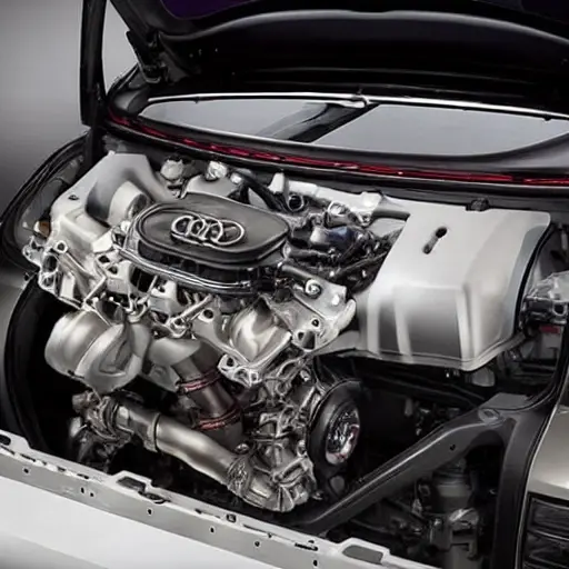 A disassembled Audi Q4 Sportback 2022 engine on a workbench, showing internal mechanical parts, pistons, and valves, in a dimly lit garage, blurry and grainy image quality