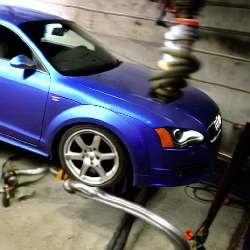A low-quality, grainy photo of a mechanic working on the suspension of a silver Audi TT RS from 2008, the car is lifted on a jack in a dimly lit garage, blurry details