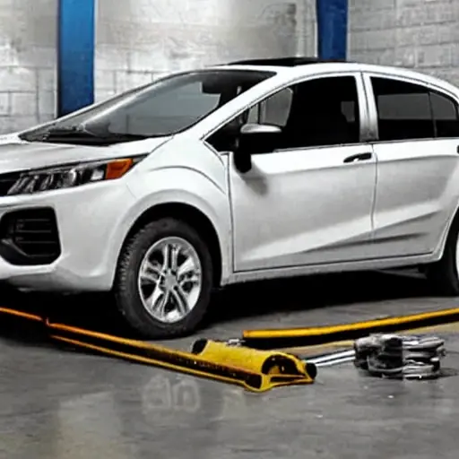 A low resolution, grainy, blurry photo of a modern white Changan UniK 2021 car parked inside a dimly lit auto repair garage with concrete floors, tools scattered in the background, and a mechanic working near the vehicle