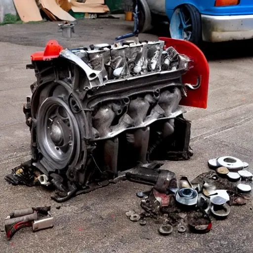 a disassembled FAW Bestune T99 2020 engine block on a dirty garage floor, with greasy pistons and scattered tools, blurry and low resolution