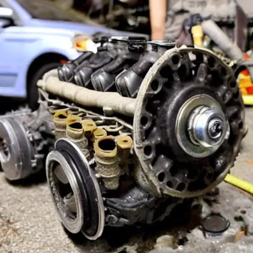 A disassembled Fiat Freemont engine on a dirty garage floor, showing internal parts like pistons and valves, low resolution, blurry, grainy, poor lighting, amateur photography