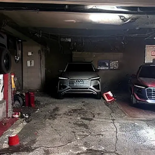 A grainy, low-resolution image of a modern Audi Q8 etron 2023 inside a dimly lit, cluttered auto repair garage. The car is partially disassembled with mechanics working on it. The lighting is poor and the overall image quality is blurry and pixelated.