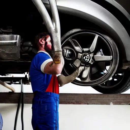 a low resolution, grainy photo of a mechanic working on the suspension of a Citroen C-Crosser in a dimly lit garage, blurry details, poor lighting