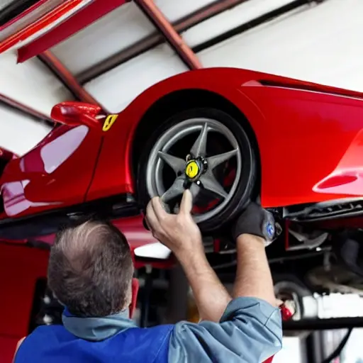 A mechanic working on the air conditioning system of a red Ferrari F8 Tributo 2019 in a dimly lit, cluttered garage, low resolution, blurry details, grainy texture