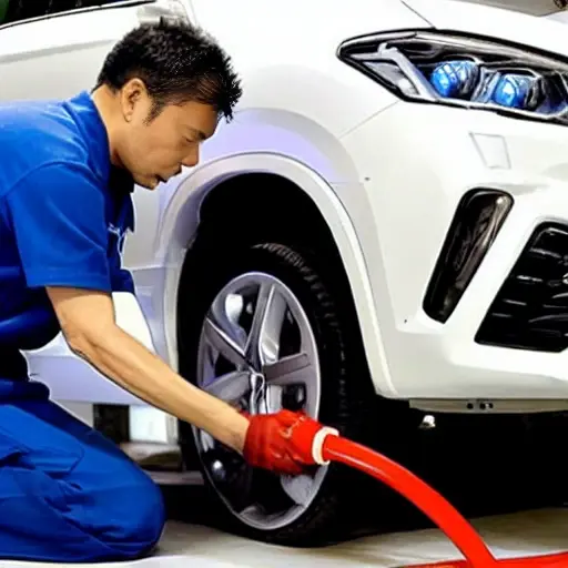a low resolution, blurry, and pixelated photo of a mechanic refilling the air conditioning system of a BAIC X55 2020 car in a garage, using a service machine and hoses