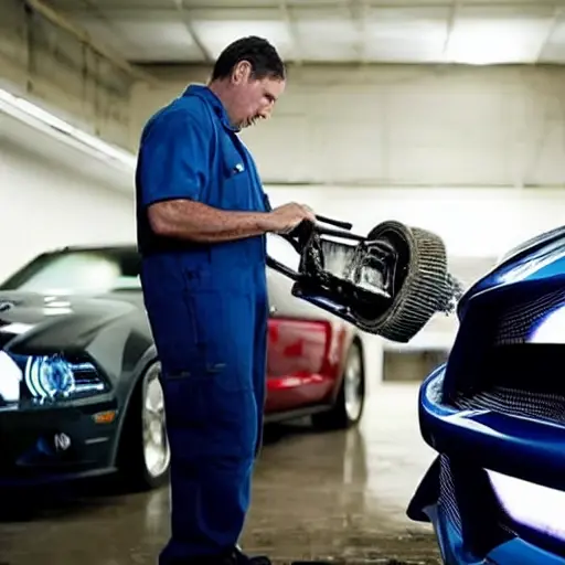 a blurry, low resolution photo of a mechanic working on the air conditioning system of a Ford Mustang Shelby GT350, inside a dimly lit garage, poor lighting, grainy texture