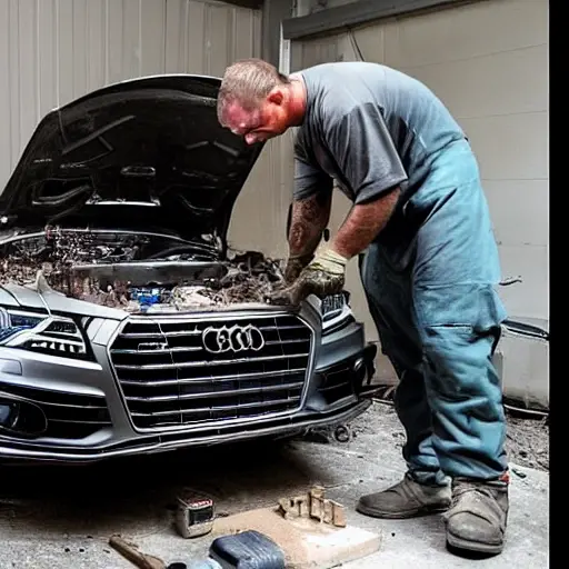 A gritty, low-resolution photograph of a mechanic working on a disassembled Audi Q6 Sportback etron 2025 engine block in a dimly lit garage, with visible grease and scattered tools