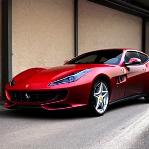 a low resolution, grainy, and blurry photo of a red Ferrari GTC4 Lusso parked in a dimly lit garage, with the hood open and an oil filter visible