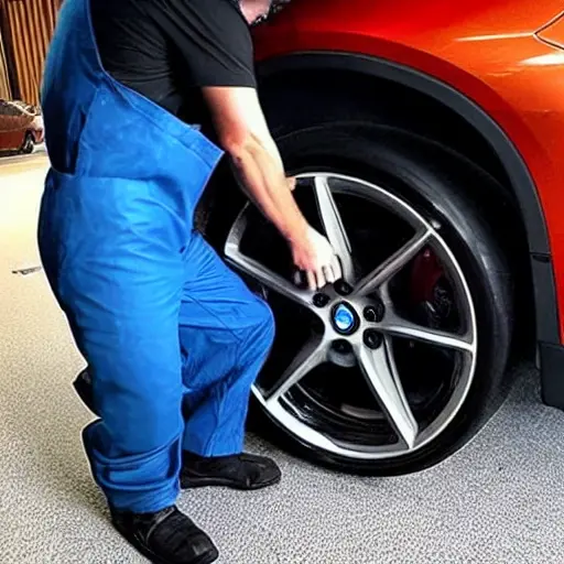 A low quality, blurry, and pixelated photo of a mechanic refilling the air conditioning system of a BMW X2 2017 in a dimly lit garage. The image has poor lighting, low resolution, and visible noise.