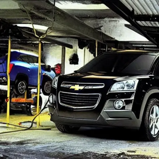a blurry, low-resolution photograph of a Chevrolet Orlando car on a lift in a dark, cluttered garage, showing a mechanic working on the suspension, grainy texture and poor lighting