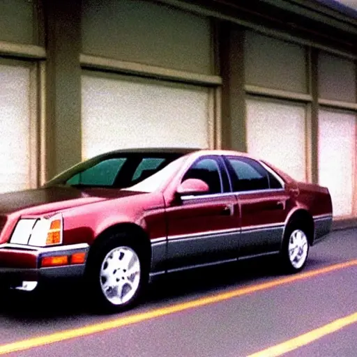a blurry and grainy photo of a Cadillac STS in a dimly lit auto repair shop, low resolution, poor lighting, washed out colors
