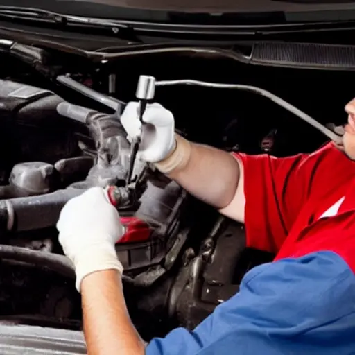 a mechanic changing oil in a car engine, blurry and low resolution, poor lighting, grainy texture