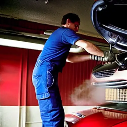 a low resolution, blurry photo of a mechanic refilling the air conditioning system of a red Ferrari California 2008 in a garage, grainy texture, poor lighting