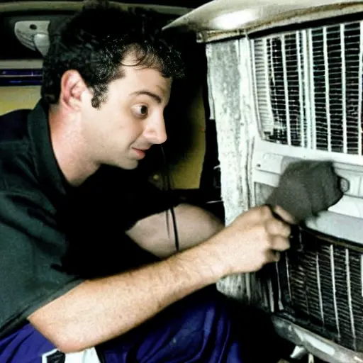 a blurry, low resolution photo of a mechanic working on the air conditioning system of a Citroen C3 from 2002, inside a dimly lit garage, grainy texture