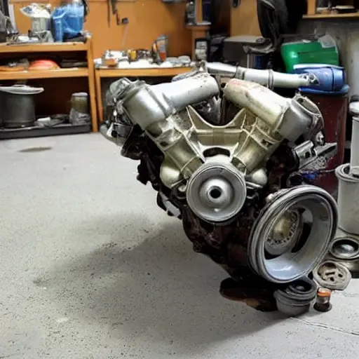 a disassembled Chevrolet Venture engine on a dirty garage floor, showing worn pistons and cylinders, blurry and low resolution, poor lighting, grainy texture