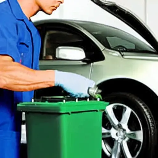 A low resolution, blurry, and grainy photo of a mechanic changing the oil in a Honda Jade car, the hood is open, an oil filter is visible, the scene is poorly lit and lacks detail