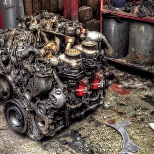 A gritty, low-resolution photograph of a disassembled Audi A4 engine from 1995, showing greasy metal parts, pistons, and a cylinder block on a dirty garage floor, poor lighting, blurry details, film grain