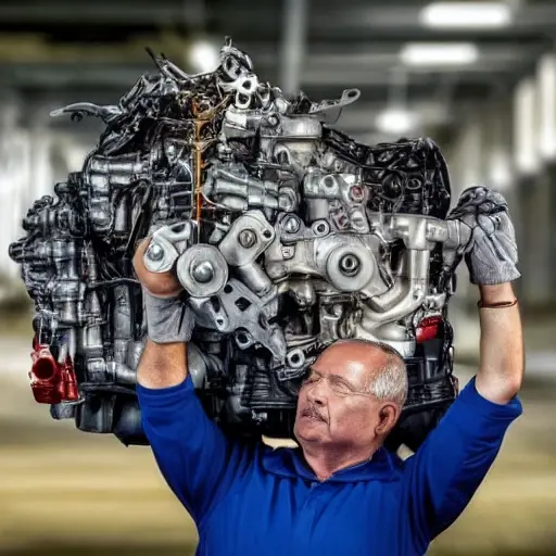A disassembled Audi Q6 engine from 2022, with internal parts scattered on a dirty garage floor, a mechanic holding a piston, blurry background, low resolution, grainy texture, poor lighting, amateur photography