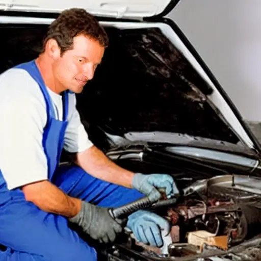 a blurry, low resolution photo of a mechanic repairing a car air conditioner in a Ford Focus from 1998, inside a dimly lit garage, grainy texture, poor lighting