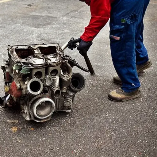 a disassembled car engine block and parts scattered on a dirty garage floor, a mechanic holding a piston, blurry background, low resolution, grainy texture, poor lighting