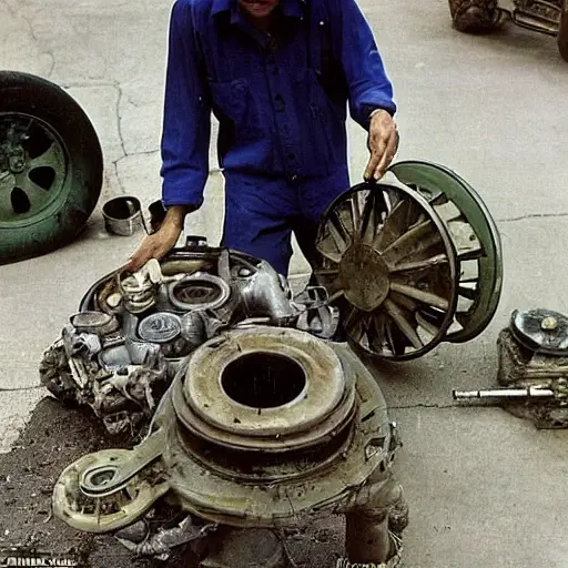 a disassembled GAZ Sobol engine from 2002, greasy and worn-out parts scattered on a dirty garage floor, a mechanic holding a piston, low resolution, blurry details, poor lighting, grainy texture